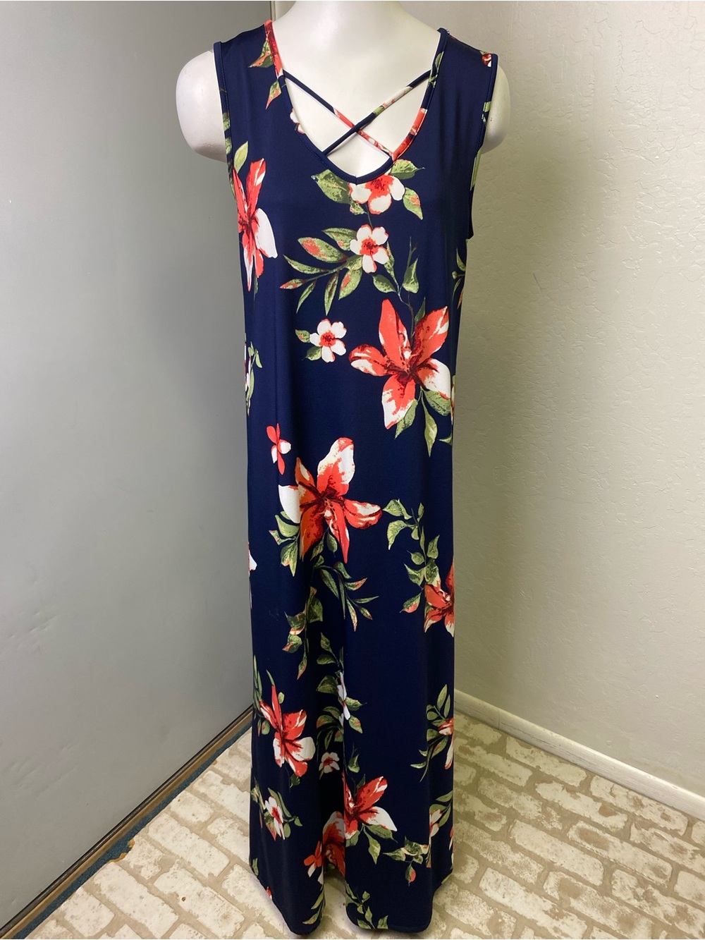 Floral Navy Maxi Dress with Crisscross Neckline